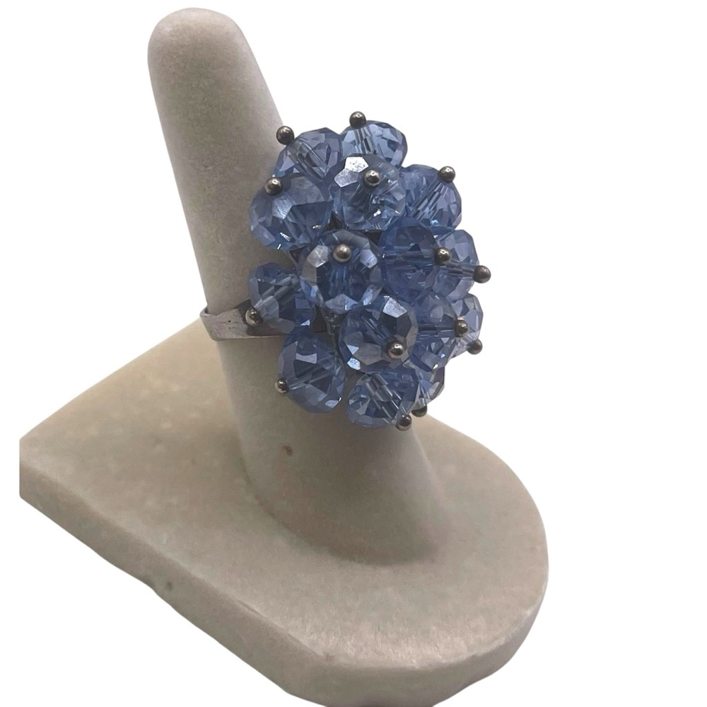 ❤️ Blue Acrylic Beaded Silver Adjustable Costume Ring - Picture 6 of 6